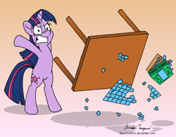 Size: 1280x991 | Tagged: safe, artist:sketchinetch, imported from derpibooru, twilight sparkle, pony, unicorn, female, gradient background, jigsaw, puzzle, rage quit, solo, table flip, unicorn twilight