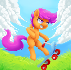 Size: 2930x2882 | Tagged: safe, artist:verrmont, imported from derpibooru, scootaloo, pegasus, pony, action pose, cloud, female, high res, scooter, solo