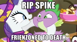 Size: 400x222 | Tagged: safe, imported from derpibooru, rarity, spike, dragon quest, chubby cheeks, friendzone, hub logo, image macro, puffy cheeks, rest in peace, squishy cheeks, starboarding