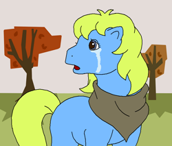 Size: 696x594 | Tagged: safe, artist:maleiva, imported from derpibooru, rio azul, earth pony, pony, crunch the rockdog, my little pony 'n friends, clothes, crying, female, g1, mare, open mouth, scarf, teary eyes, tree, valentine's boyfriend, why