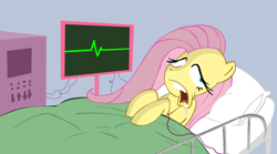 Size: 890x496 | Tagged: safe, artist:brutamod, imported from derpibooru, fluttershy, pony, accident, ask-flutterschiavo, bed, blue background, derp, drool, ekg, electrocardiogram, female, frown, hospital, joke, lidded eyes, mare, on back, open mouth, simple background, solo, tumblr, wat