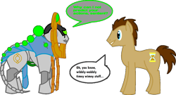 Size: 972x525 | Tagged: safe, artist:dfodder, imported from derpibooru, doctor whooves, time turner, necron, robot, crossover, doctor who, duo, orikan the diviner, ponified, simple background, the doctor, transparent background, warhammer (game), warhammer 40k