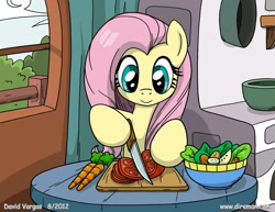 Size: 825x638 | Tagged: safe, artist:latecustomer, imported from derpibooru, fluttershy, pegasus, pony, carrot, cutting, dexterous hooves, female, salad, solo, tomato