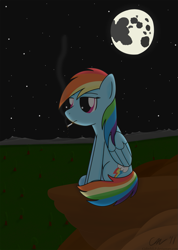 Size: 877x1230 | Tagged: dead source, safe, artist:colinmlp, imported from derpibooru, rainbow dash, pony, cigarette, female, lonely, moon, smoking, solo