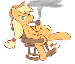 Size: 800x685 | Tagged: safe, artist:whatsapokemon, imported from derpibooru, applejack, pony, chair, female, pipe, rocking chair, sitting, smoking, solo