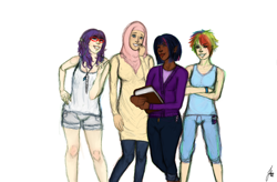 Size: 900x592 | Tagged: safe, artist:junitathiessen, imported from derpibooru, fluttershy, rainbow dash, rarity, twilight sparkle, human, dark skin, hijab, humanized, islam, islamashy