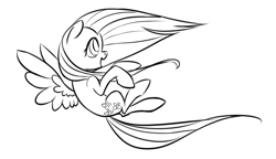 Size: 1398x805 | Tagged: safe, artist:rubrony, imported from derpibooru, fluttershy, pegasus, pony, female, grayscale, lineart, mare, monochrome, open mouth, profile, simple background, solo, spread wings, white background, windswept mane, wings