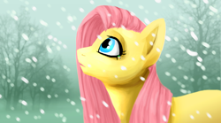 Size: 1440x800 | Tagged: safe, artist:bluebirdrae288, imported from derpibooru, fluttershy, pony, female, snow, snowfall, solo