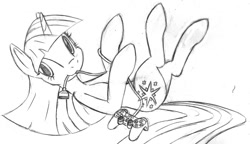 Size: 1000x574 | Tagged: safe, artist:tg-0, imported from derpibooru, twilight sparkle, behaving like a cat, cable, controller, grayscale, lineart, lying down, monochrome, mouth hold, on back, simple background, traditional art, white background