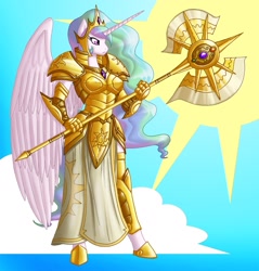 Size: 1225x1280 | Tagged: safe, artist:crovirus, imported from derpibooru, princess celestia, alicorn, anthro, unguligrade anthro, armor, axe, female, solo, sun