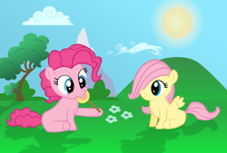 Size: 2000x1348 | Tagged: safe, artist:theirishbronyx, imported from derpibooru, fluttershy, pinkie pie, earth pony, pegasus, pony, duo, female, filly, filly fluttershy, filly pinkie pie, flower, hill, lollipop, sun, younger