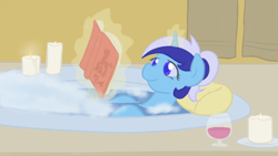 Size: 800x450 | Tagged: safe, artist:atlur, deleted from derpibooru, imported from derpibooru, minuette, alternate hairstyle, bath, book, candle, pillow, ponytail, wine