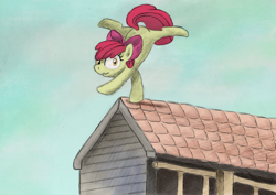 Size: 3481x2461 | Tagged: safe, artist:hewison, imported from derpibooru, apple bloom, pony, balancing, female, flexible, high res, roof, solo, this will end in tears