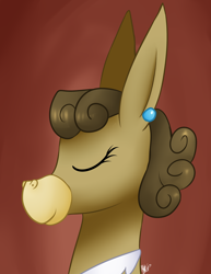 Size: 1024x1325 | Tagged: safe, artist:mylittlesheepy, imported from derpibooru, matilda, donkey, bust, ear piercing, eyes closed, female, gradient background, piercing, smiling, solo