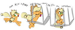 Size: 662x265 | Tagged: safe, artist:furseiseki, imported from derpibooru, applejack, pony, cage, comic, female, solo, vulgar