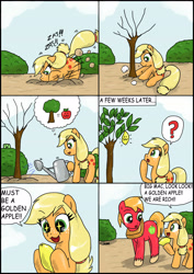 Size: 2481x3506 | Tagged: safe, artist:ciriliko, imported from derpibooru, applejack, big macintosh, earth pony, pony, :3, colt, colt big macintosh, comic, creeper, female, filly, filly applejack, food, high res, lemon, male, pictogram, stallion, starry eyes, thought bubble, wingding eyes, younger, zas