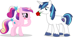 Size: 5000x2589 | Tagged: safe, artist:masamunya, artist:northernthestar, imported from derpibooru, princess cadance, shining armor, pony, blushing, female, flower, flower in mouth, high res, male, mouth hold, rose, rose in mouth, shiningcadance, shipping, simple background, straight, teen princess cadance, transparent background, vector, younger