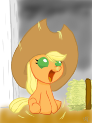 Size: 500x667 | Tagged: safe, artist:leelvin, imported from derpibooru, applejack, pony, baby, baby pony, babyjack, cute, female, foal, happy, hay, jackabetes, open mouth, oversized hat, sitting, smiling, solo, younger