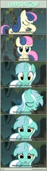 Size: 1063x3818 | Tagged: safe, artist:tritebristle, imported from derpibooru, bon bon, lyra heartstrings, sweetie drops, comic:heartstrings, ..., comic, dialogue, everfree forest, eyes closed, facehoof, floppy ears, looking at each other, looking at you, offscreen character, open mouth, pov, smiling