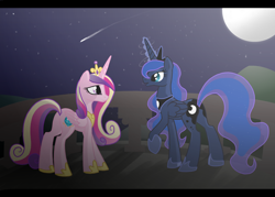 Size: 4020x2872 | Tagged: safe, artist:sotoco, imported from derpibooru, princess cadance, princess luna, alicorn, pony, butt, duo, duo female, female, mare, moon, night, plot, shooting star