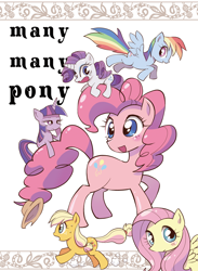 Size: 732x1000 | Tagged: safe, artist:k-nattoh, imported from derpibooru, applejack, fluttershy, pinkie pie, rainbow dash, rarity, twilight sparkle, earth pony, pegasus, pony, unicorn, comic:many many pony, comic, cover, doujin, female, it begins, mane six, many many pony, mare, pixiv, so much pony, unicorn twilight