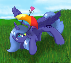 Size: 880x780 | Tagged: safe, artist:sonicrainboom93, imported from derpibooru, princess luna, pony, female, grass, hat, s1 luna, solo, umbrella hat, woona, worried