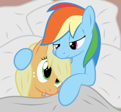 Size: 670x618 | Tagged: safe, artist:tg-0, imported from derpibooru, applejack, rainbow dash, appledash, bed, female, hug, lesbian, shipping