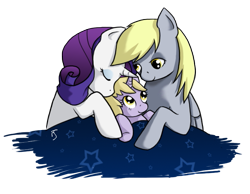 Size: 729x566 | Tagged: safe, artist:theforbiddensecrets, imported from derpibooru, derpy hooves, dinky hooves, rarity, pegasus, pony, unicorn, derpity, female, lesbian, mare, shipping