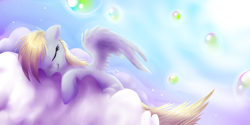 Size: 598x298 | Tagged: safe, artist:haunthid, imported from derpibooru, derpy hooves, pegasus, pony, bubble, cloud, day, female, floppy ears, lying down, lying on a cloud, mare, on a cloud, sky, sleeping, solo