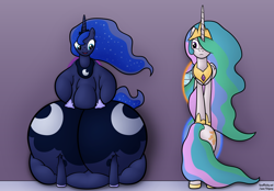 Size: 1280x890 | Tagged: safe, artist:jesseorange, imported from derpibooru, princess celestia, princess luna, pony, series:absurdly huge luna's life, butt, fat, impossibly large butt, moonbutt, morbidly obese, now you're thinking with portals, obese, plot, portal, portals, princess moonpig, stuck