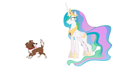 Size: 919x501 | Tagged: safe, imported from derpibooru, princess celestia, winona, alicorn, dog, princess molestia, crown, hoof shoes, jewelry, peytral, raised tail, regalia, simple background, smiling, tail, white background