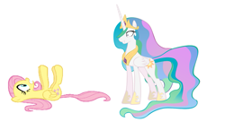 Size: 919x501 | Tagged: safe, imported from derpibooru, fluttershy, princess celestia, alicorn, pegasus, pony, princess molestia, duo, female, folded wings, grin, gritted teeth, mare, on back, simple background, smiling, white background, wings