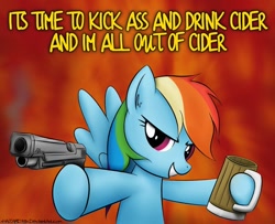 Size: 720x585 | Tagged: dead source, safe, artist:xhazard78x, imported from derpibooru, rainbow dash, pegasus, pony, abstract background, bipedal, cider, crossover, cup, duke nukem, female, gun, handgun, mare, pistol, signature, solo, swearing, text, they live, vulgar, weapon