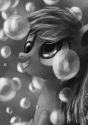 Size: 900x1281 | Tagged: dead source, safe, artist:cesiummagnesium, imported from derpibooru, derpy hooves, pegasus, pony, bubble, female, mare, monochrome, smiling, solo