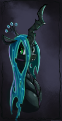 Size: 1024x2000 | Tagged: safe, artist:idriaka, imported from derpibooru, queen chrysalis, changeling, changeling queen, bust, crown, fangs, female, frown, jewelry, looking at you, regalia, solo