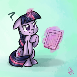 Size: 1300x1300 | Tagged: safe, artist:cainescroll, imported from derpibooru, twilight sparkle, pony, unicorn, confused, female, floppy ears, kindle, levitation, magic, mare, question mark, sitting, solo, tablet, telekinesis, unicorn twilight