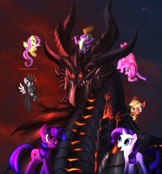 Size: 1800x1930 | Tagged: safe, artist:ghostwalker2061, imported from derpibooru, applejack, fluttershy, pinkie pie, rainbow dash, rarity, spike, twilight sparkle, crossover, deathwing, warcraft