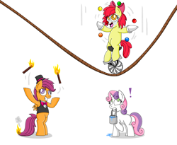 Size: 2960x2432 | Tagged: safe, artist:stacyisback, imported from derpibooru, apple bloom, scootaloo, sweetie belle, earth pony, pegasus, pony, unicorn, circus, clown, cutie mark crusaders, high res, juggling, unicycle