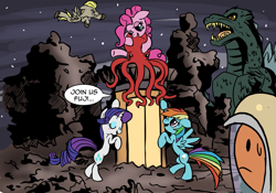 Size: 1253x875 | Tagged: safe, artist:bronycurious, imported from derpibooru, pinkie pie, rainbow dash, rarity, oc, kaiju, crossover, fuji, godzilla, godzilla (series), oodako, planet x, wat