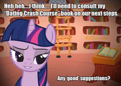 Size: 1083x772 | Tagged: safe, imported from derpibooru, twilight sparkle, adorkable, awkward, bedroom eyes, book, cute, dating, dork, golden oaks library, image macro, meme, random