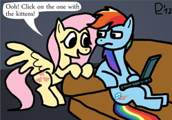 Size: 1000x694 | Tagged: safe, artist:leidenpierce, imported from derpibooru, fluttershy, rainbow dash, cat videos, computer, laptop computer