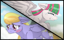 Size: 900x563 | Tagged: safe, artist:inuhoshi-to-darkpen, imported from derpibooru, blossomforth, cloud kicker, pegasus, pony, fanfic:the life and times of a winning pony, winningverse, blushing, crying, fanfic, fanfic art, sad, split screen