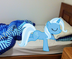 Size: 1953x1598 | Tagged: dead source, safe, artist:eruvon, imported from derpibooru, trixie, pony, bed, irl, photo, ponies in real life, sleeping, solo, vector
