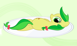 Size: 1046x622 | Tagged: safe, artist:hip-indeed, imported from derpibooru, apple fritter, earth pony, pony, apple family member, looking at you, looking back, looking back at you, plate