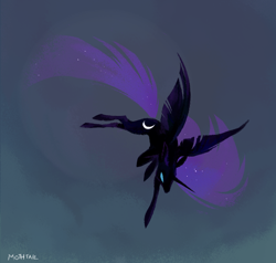 Size: 966x918 | Tagged: dead source, safe, artist:mothtail, imported from derpibooru, nightmare moon, alicorn, pony, ethereal mane, female, flying, glowing eyes, gray background, mare, silhouette, simple background, starry mane, stylized