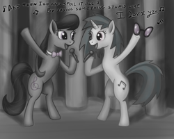 Size: 800x640 | Tagged: safe, artist:willygalleta, imported from derpibooru, dj pon-3, octavia melody, vinyl scratch, pony, bipedal, duet, female, lesbian, monochrome, scratchtavia, shipping, singing