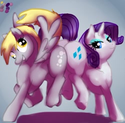 Size: 760x747 | Tagged: safe, imported from derpibooru, derpy hooves, rarity, pegasus, pony, butt, butt bump, butt to butt, butt touch, female, mare, plot