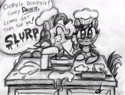 Size: 2190x1677 | Tagged: safe, artist:etjonas, imported from derpibooru, pinkie pie, rainbow dash, cooking, female, lesbian, licking, monochrome, pinkiedash, shipping, traditional art