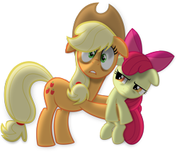 Size: 5752x4924 | Tagged: safe, artist:psyxofthoros, imported from derpibooru, apple bloom, applejack, pony, absurd resolution, duo, evil enchantress, fourth wall, holding a pony, looking at you