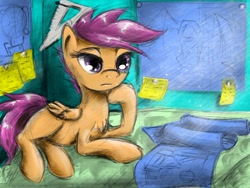 Size: 782x587 | Tagged: safe, artist:madhotaru, imported from derpibooru, scootaloo, pegasus, pony, blueprint, chest fluff, female, solo